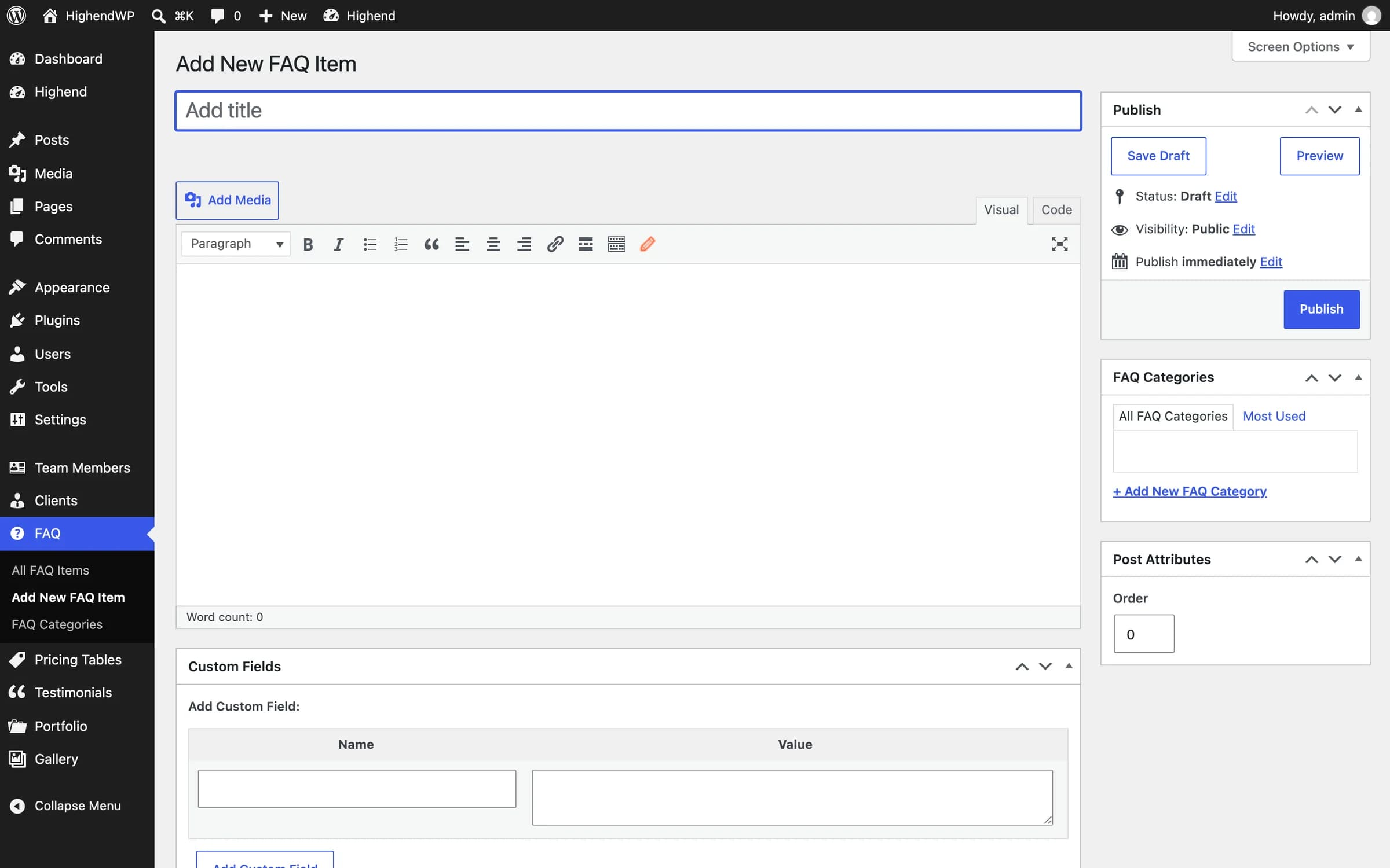 The Add New FAQ Item screen, with FAQ Categories and Custom Fields in the sidebar