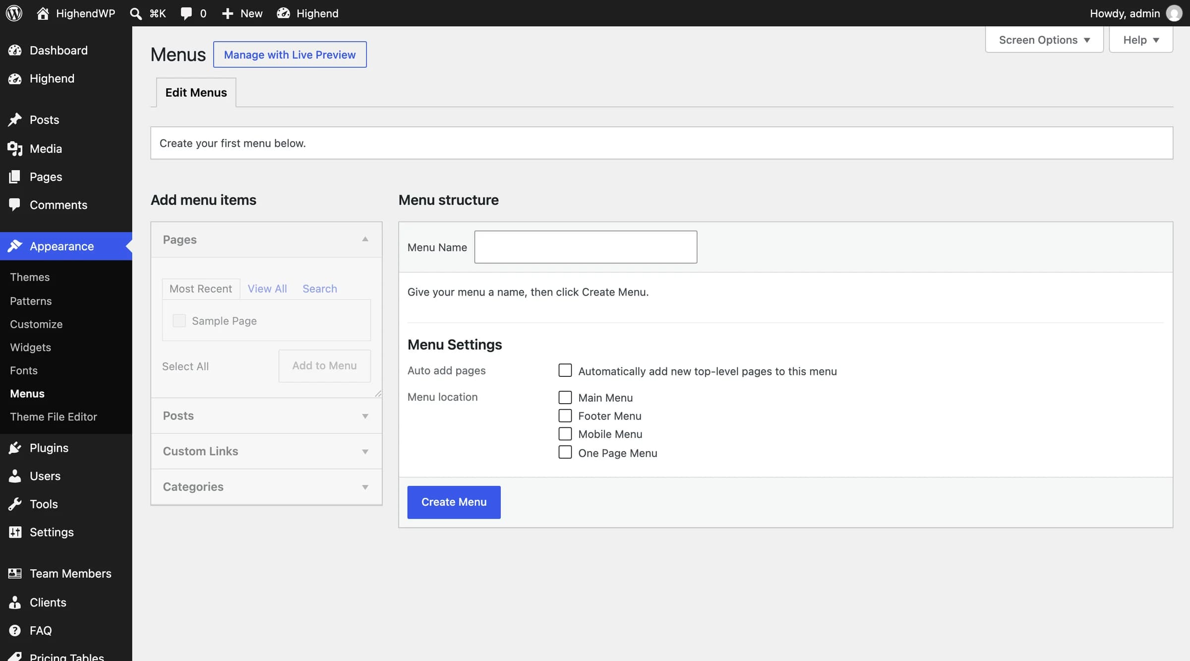 The WordPress Menus screen showing Highend's four menu locations