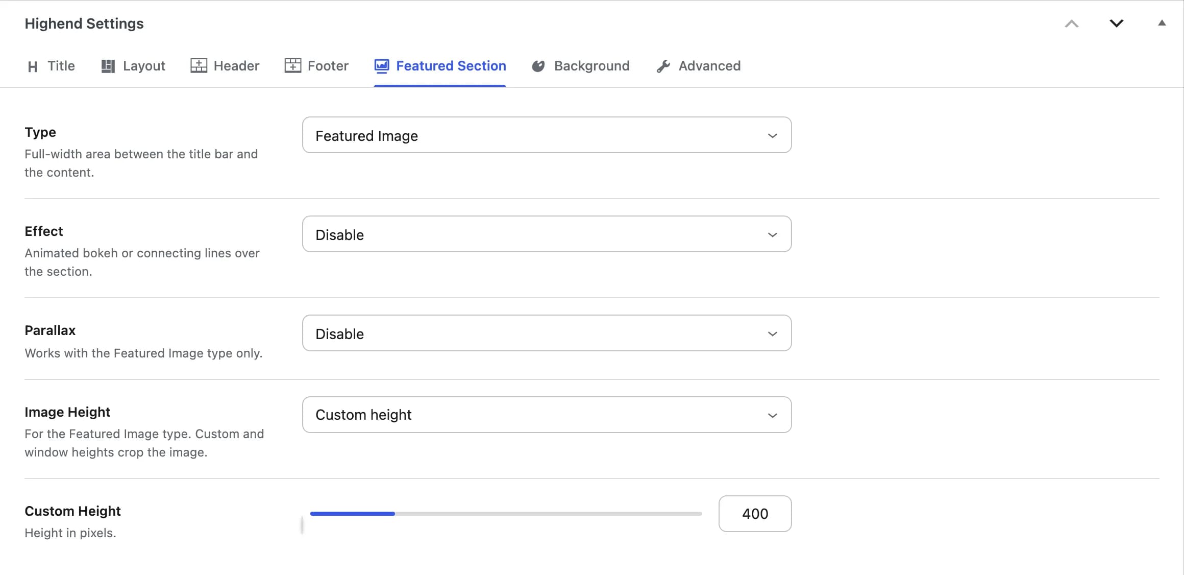 The Featured Section tab with a featured image at a custom height
