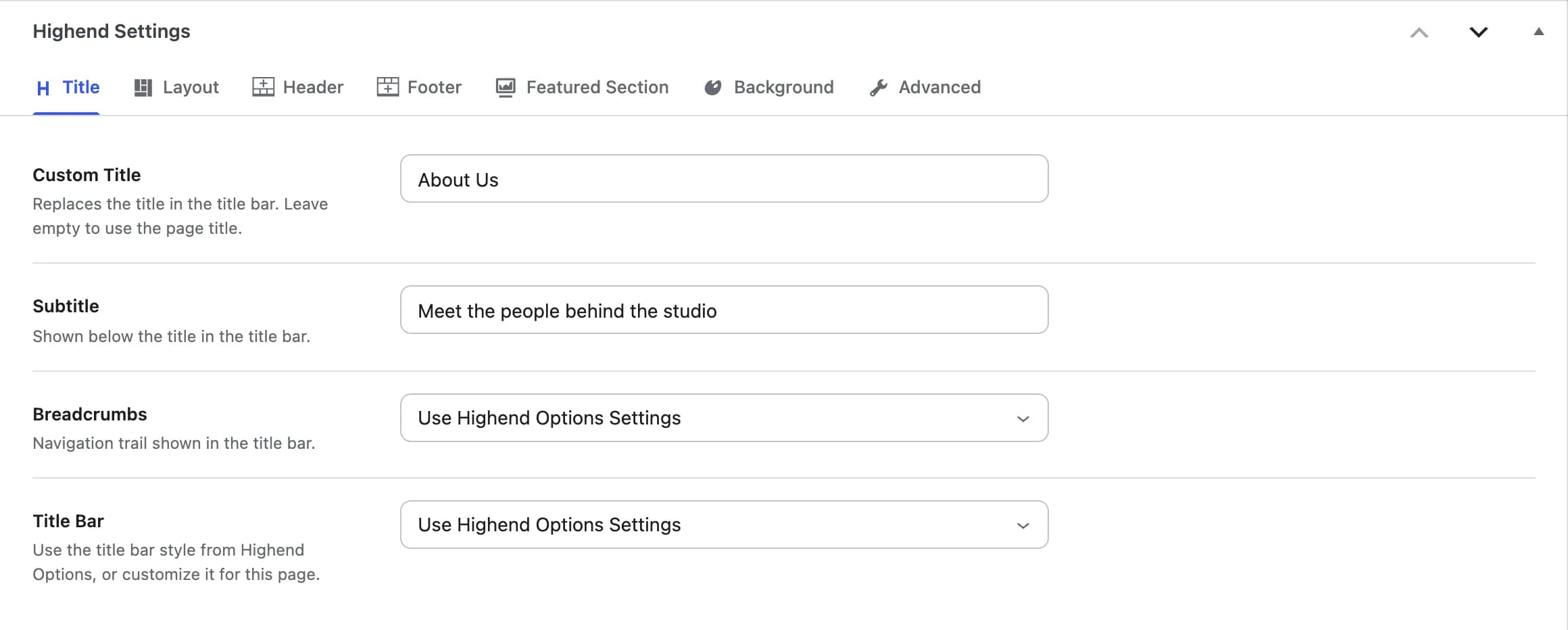 The Highend Settings box on the page editor, with the Title tab open
