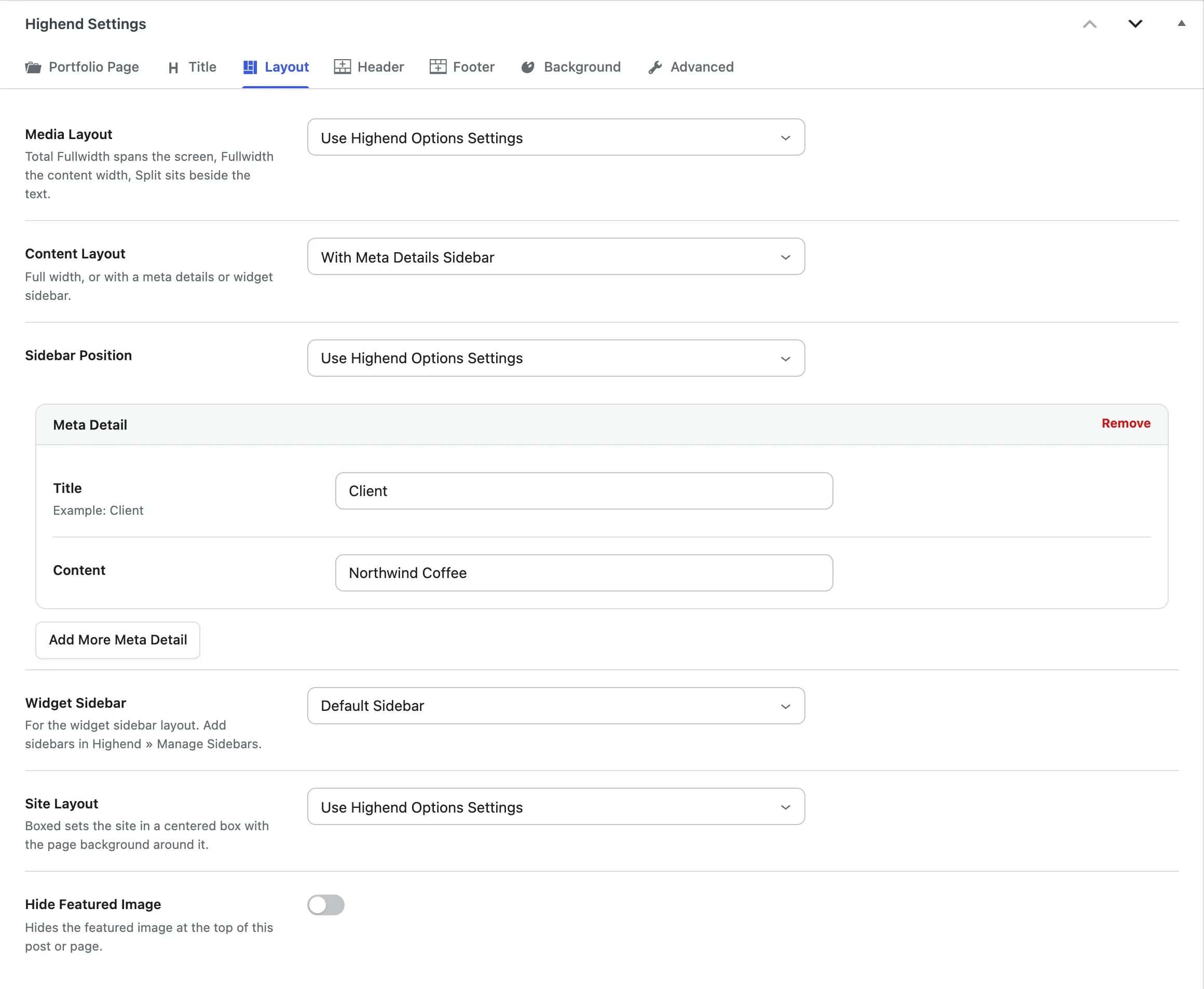 The Layout tab of a portfolio item, with the meta details sidebar chosen
