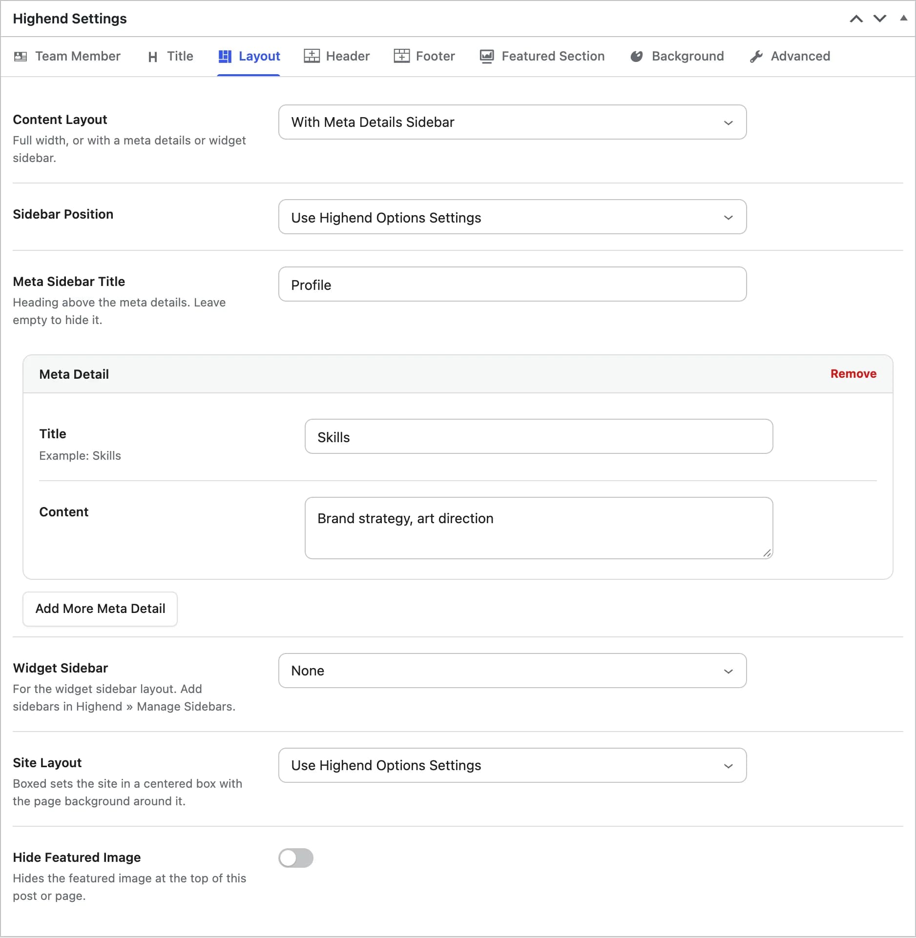 The Layout tab of a team member, with the meta details sidebar chosen