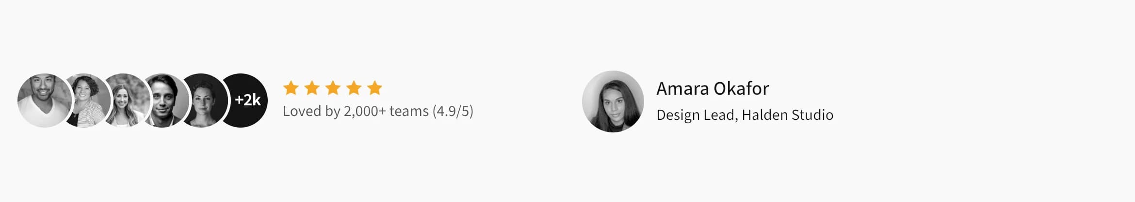 Two Circle Images elements: an overlapping row of avatars with a +2k counter, star rating and text, and a single photo with a name and role