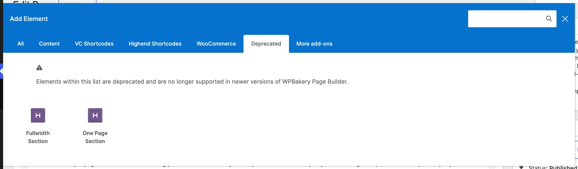 The WPBakery Add Element dialog's Deprecated tab, listing Fullwidth Section and One Page Section