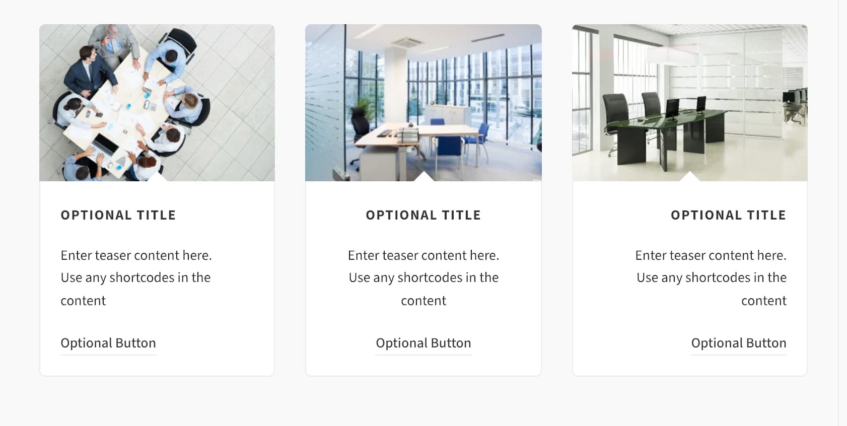 Three teaser boxes in a row, each with an image, title, text, and button