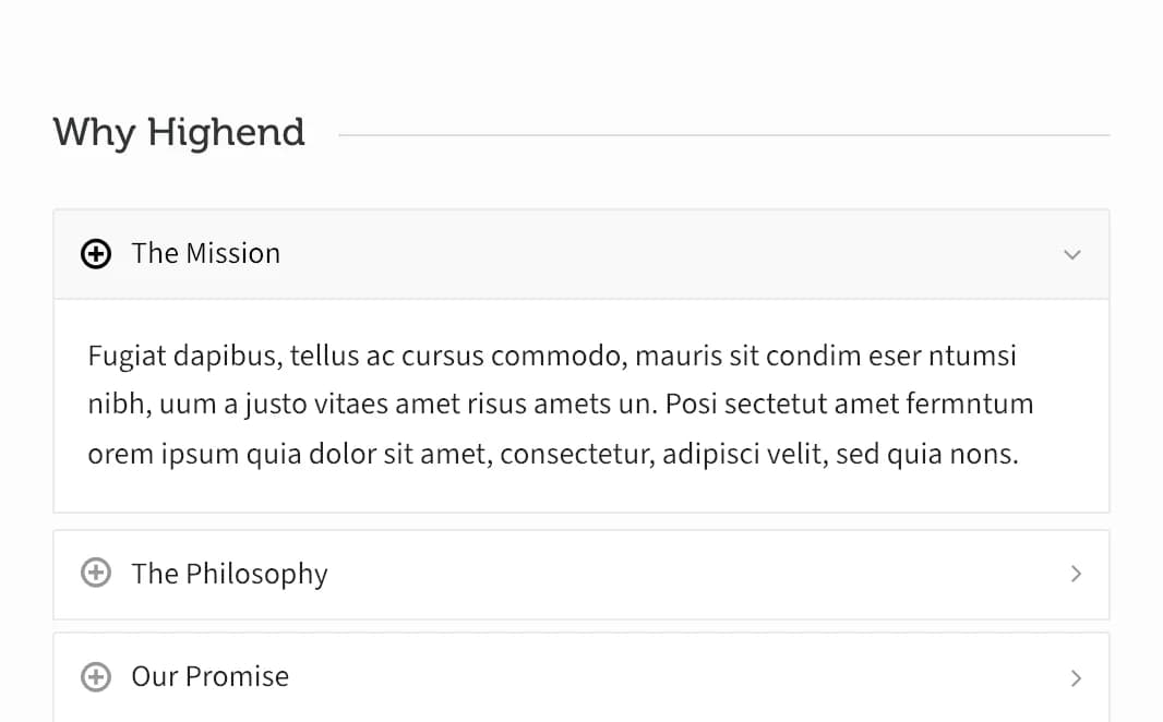 WPBakery's native Accordion element, restyled to match Highend's own accordion