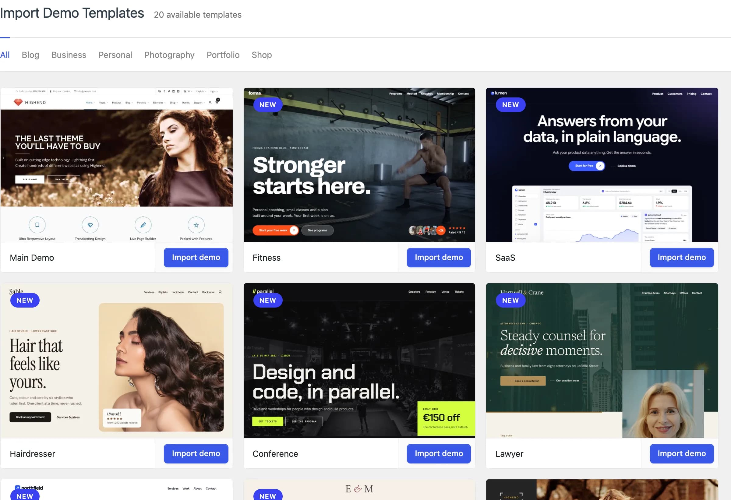 The Import Demos screen showing the prebuilt websites, filterable by category