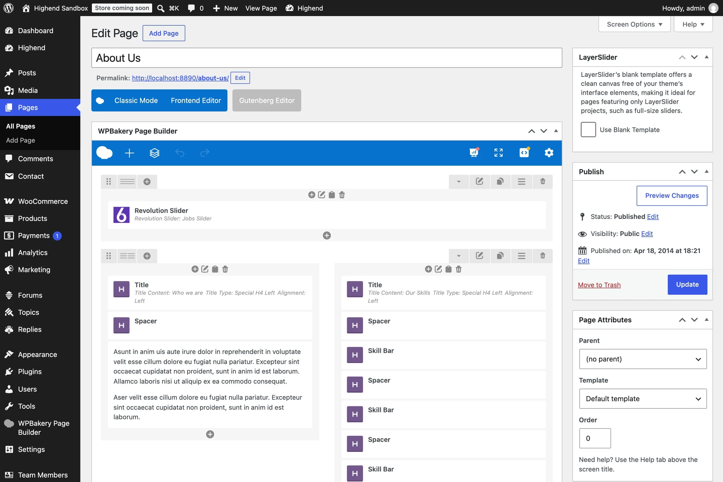 The WPBakery backend editor open on a page, showing rows, columns, and Highend elements