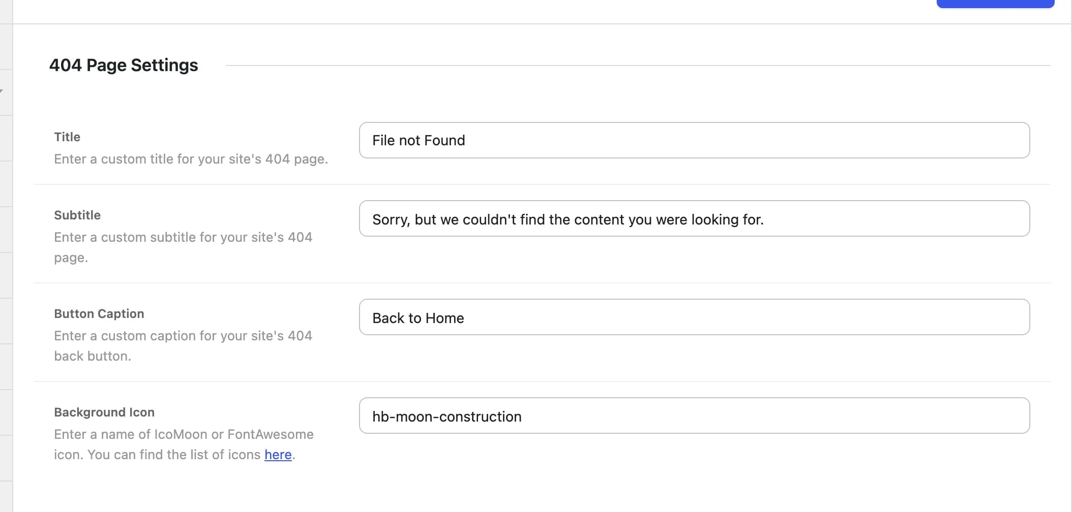 The 404 Page Settings tab in Highend Options