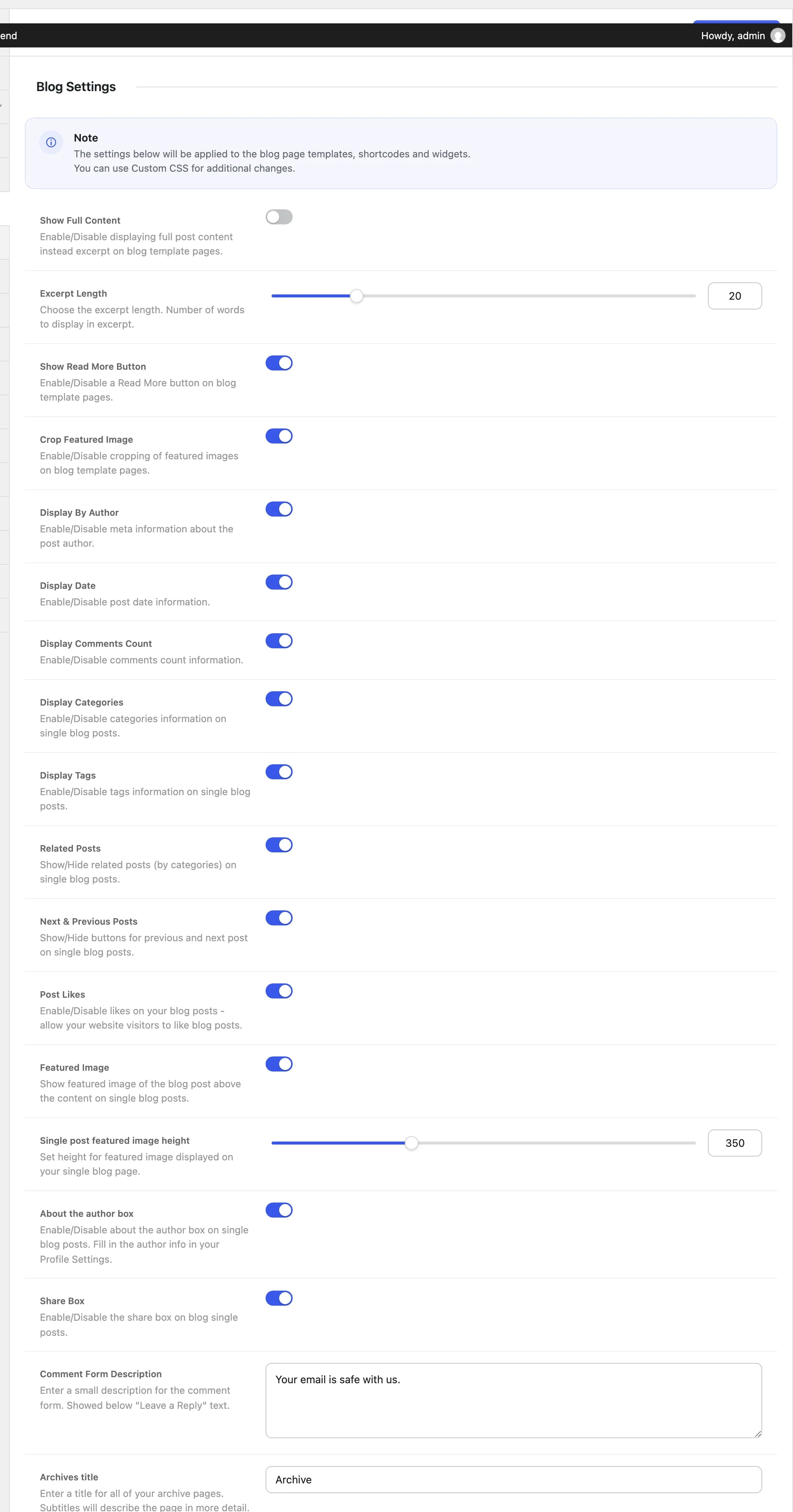 The Blog Settings tab in Highend Options