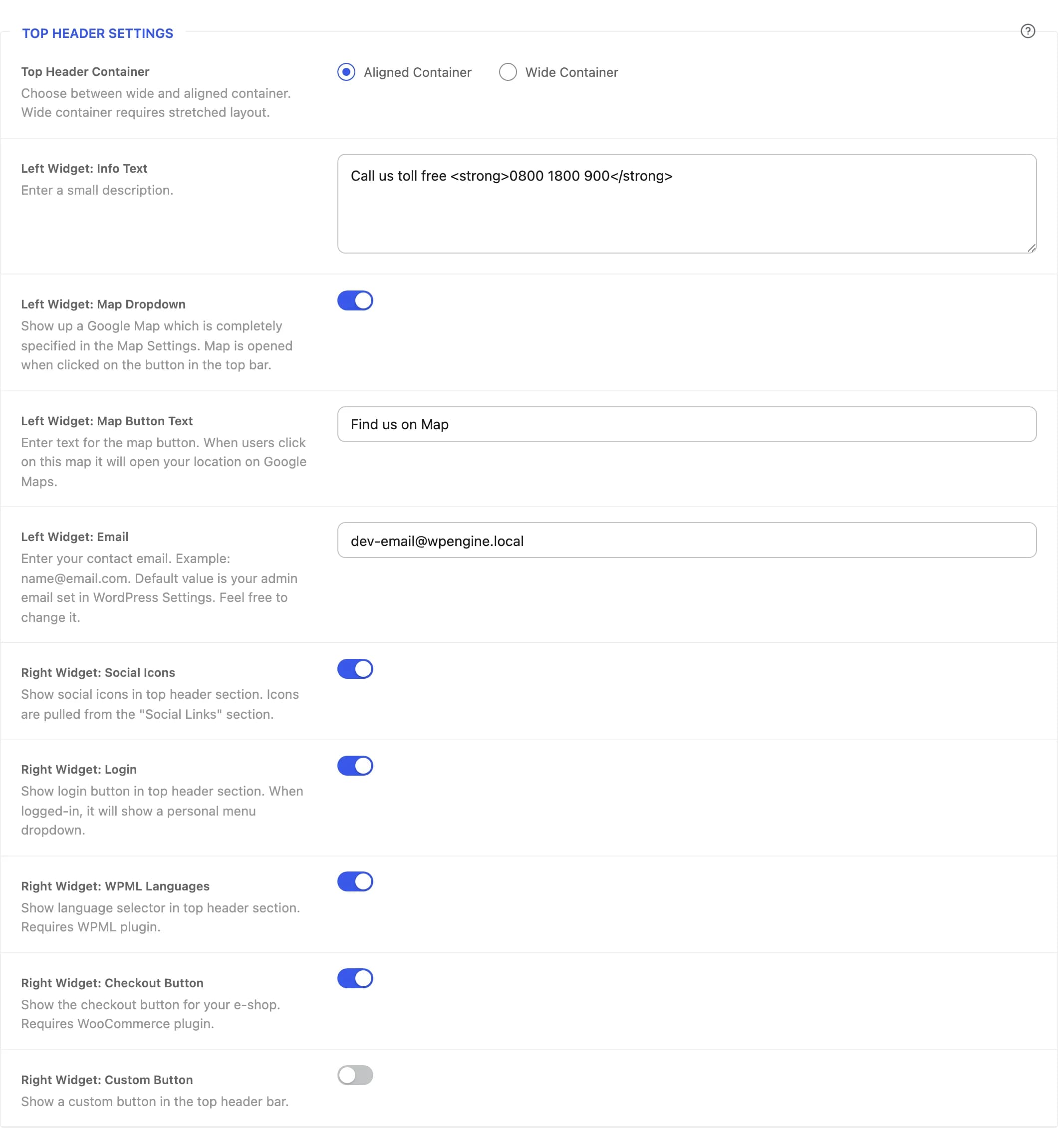 The Top Header Settings section, showing the left and right widget toggles